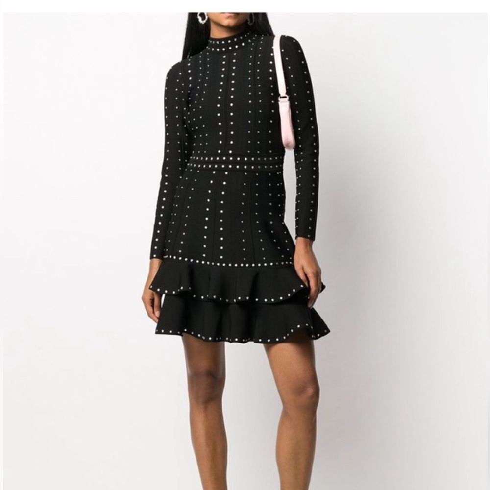 Sandro black silver knit studded mini dress tiered Asya 34 - Picture 5 of 11